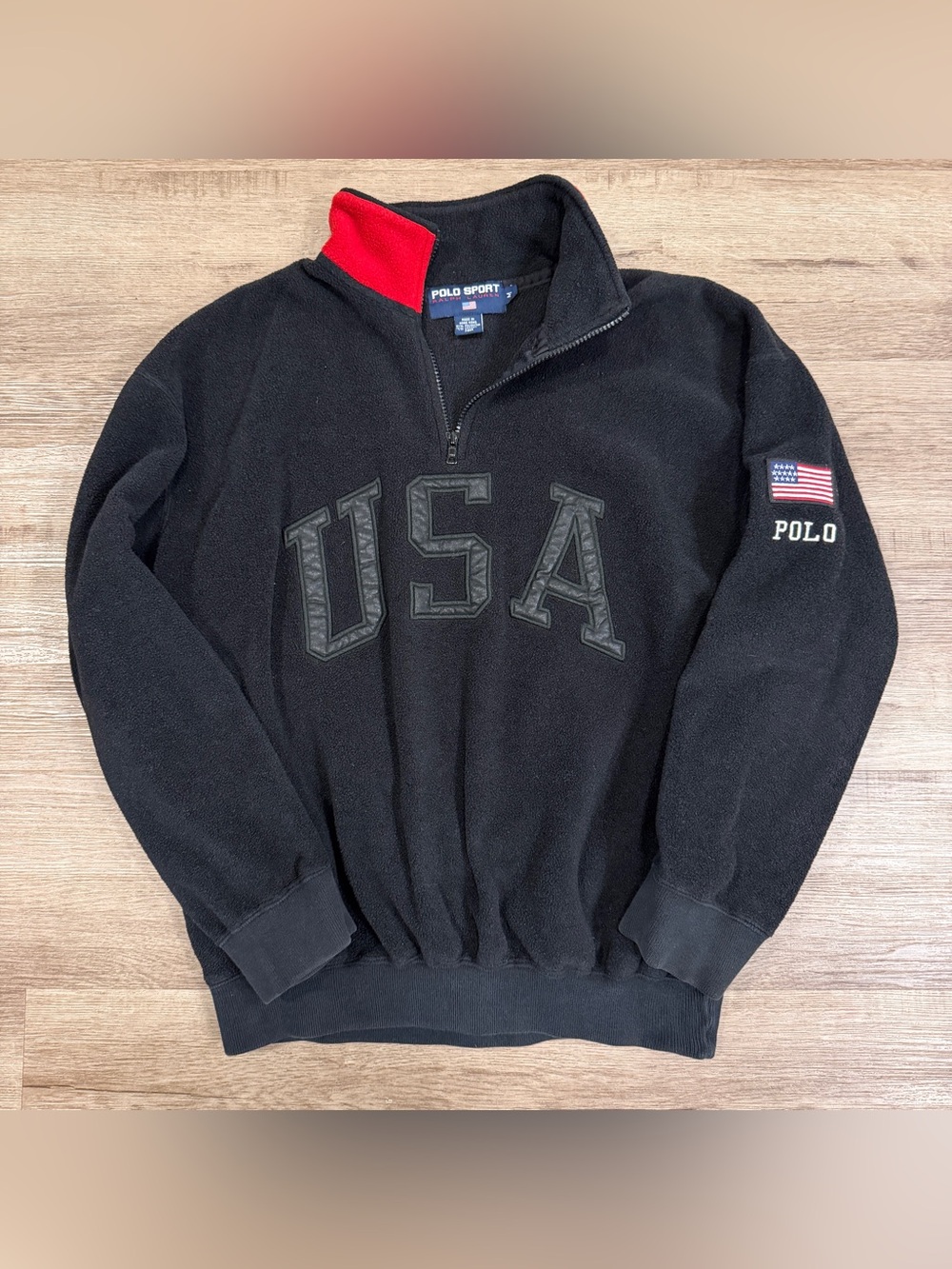 Vintage Polo Sport USA Spell Out Fleece Quarter 1/4 Zip Jacket Black 90s medium